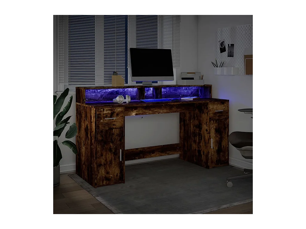 Escritorio y luces LED roble ahumado 160x55x91cm madera de ingeniería