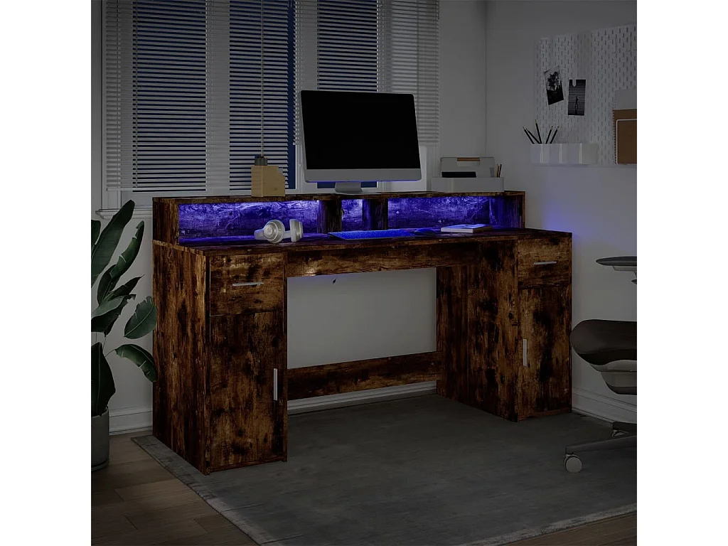 Scrivania e luci LED rovere affumicato 160x55x91cm legno ingegnerizzato