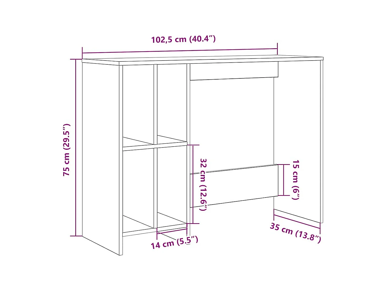 Bureau chêne artisanal 102,5x35x75 cm bois d'ingénierie