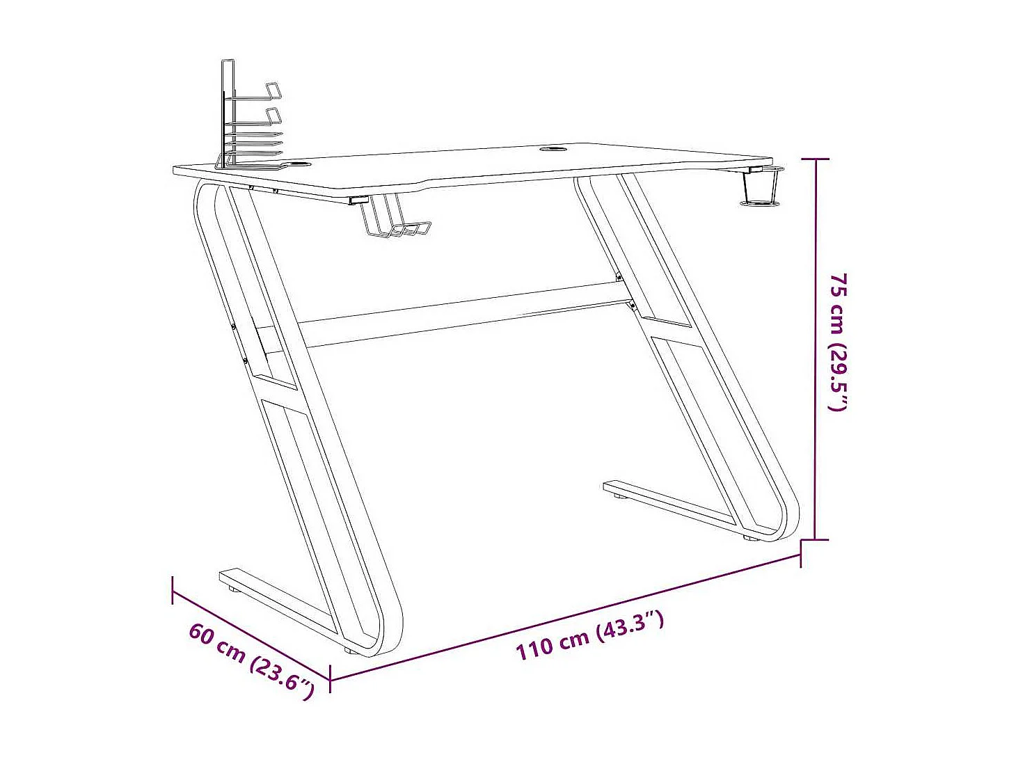 Gamingbureau met ZZ-vormige poten, zwart, 110 x 60 x 75 cm