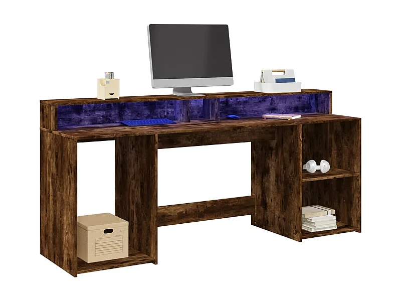 Bureau en LED-verlichting gerookt eikenhout 200x55x91cm bewerkt hout