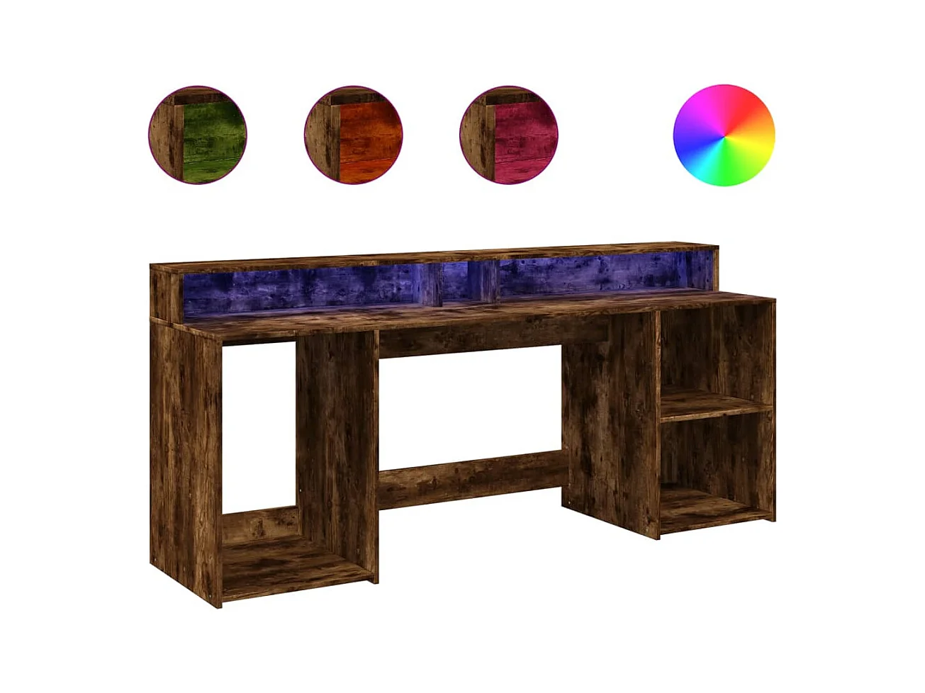 Escritorio y luces LED roble ahumado 200x55x91cm madera de ingeniería