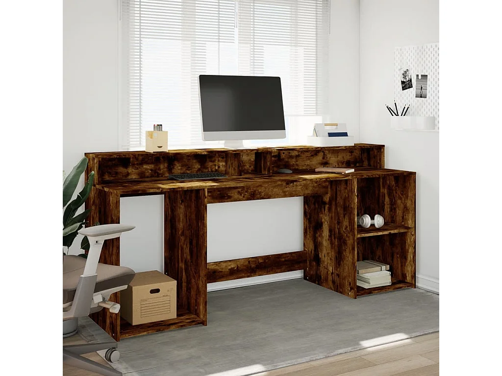 Scrivania e luci LED rovere affumicato 200x55x91cm legno ingegnerizzato