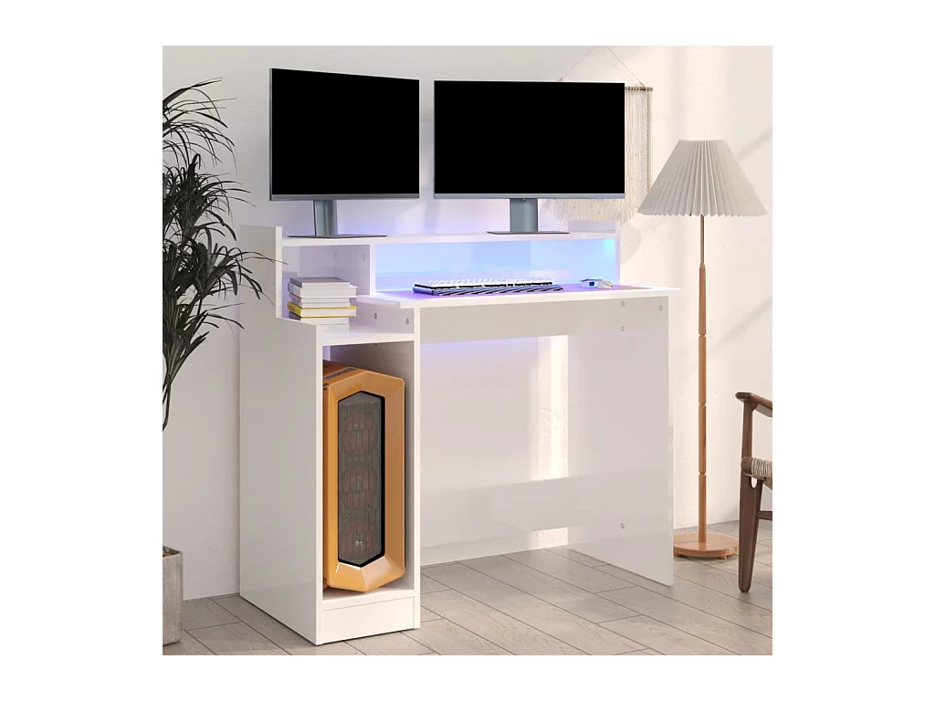 Bureau LED-lampen Glanzend wit 97x45x90cm Bewerkt hout