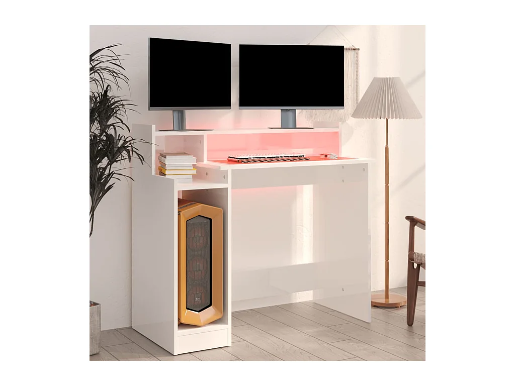 Bureau LED-lampen Glanzend wit 97x45x90cm Bewerkt hout