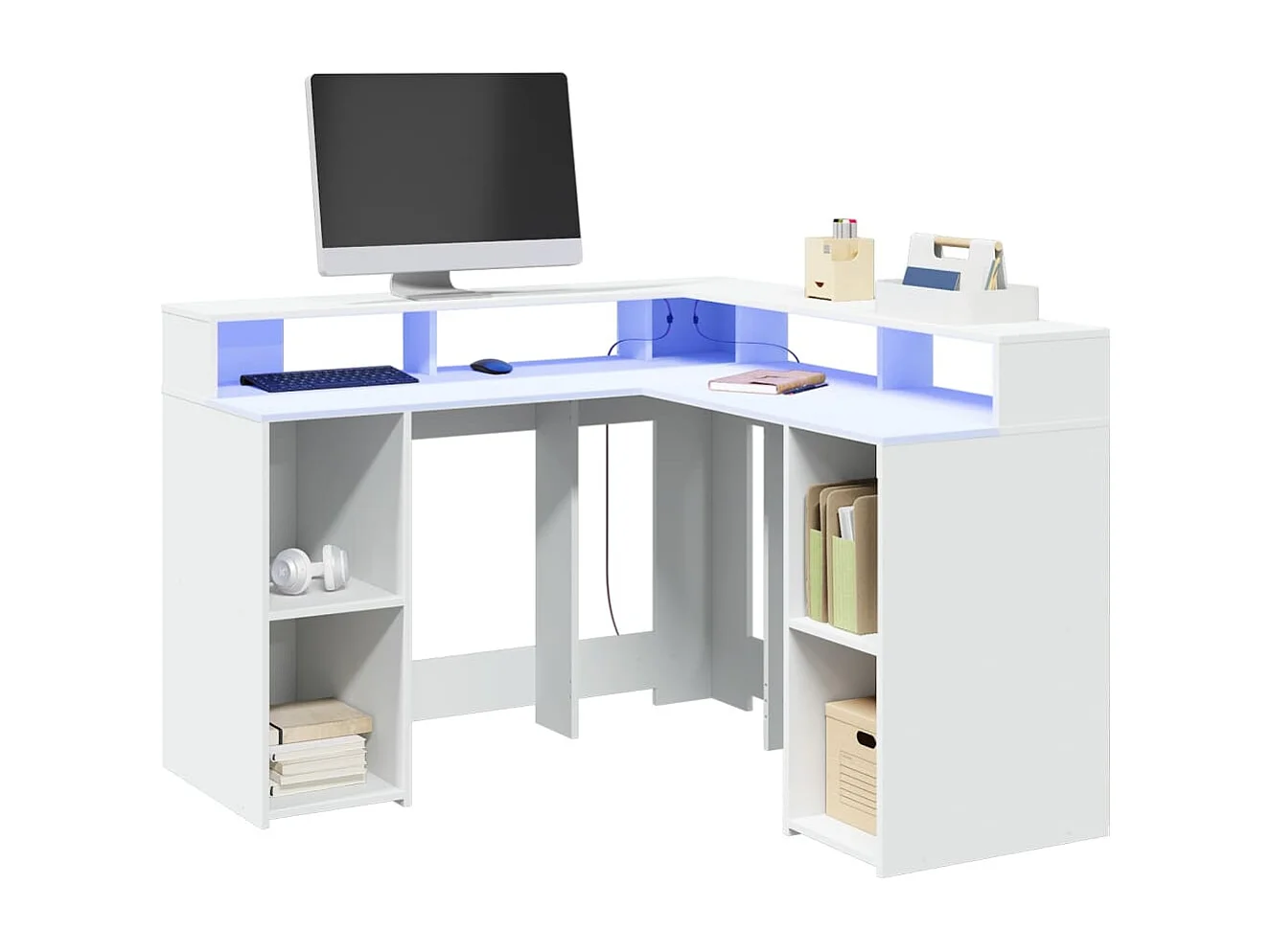 Scrivania con luci LED bianca 130x130x91 cm in legno ingegnerizzato