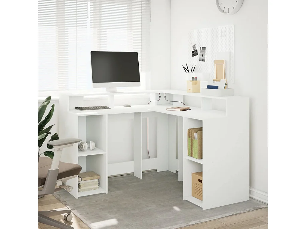 Scrivania con luci LED bianca 130x130x91 cm in legno ingegnerizzato