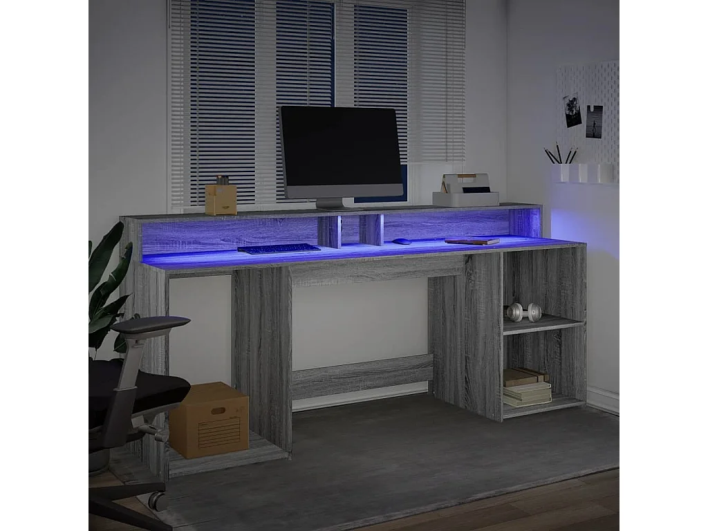 Scrivania e luci LED sonoma grigio 200x55x91 cm legno ingegnerizzato