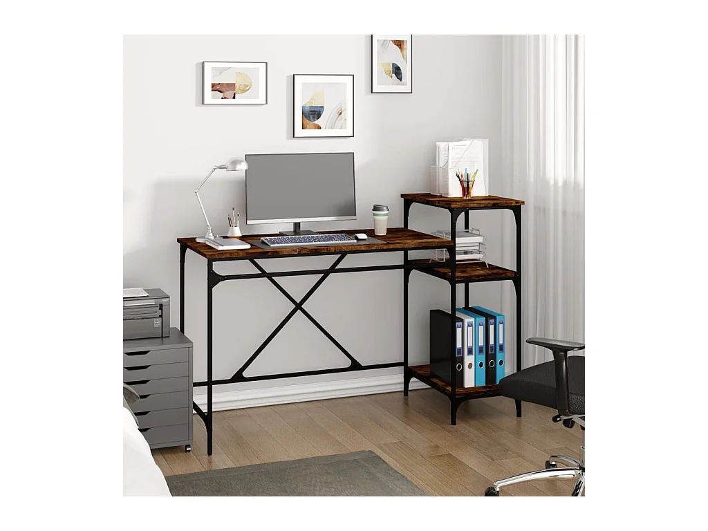 Bureau et étagères chêne fumé 135x50x90cm bois d'ingénierie/fer
