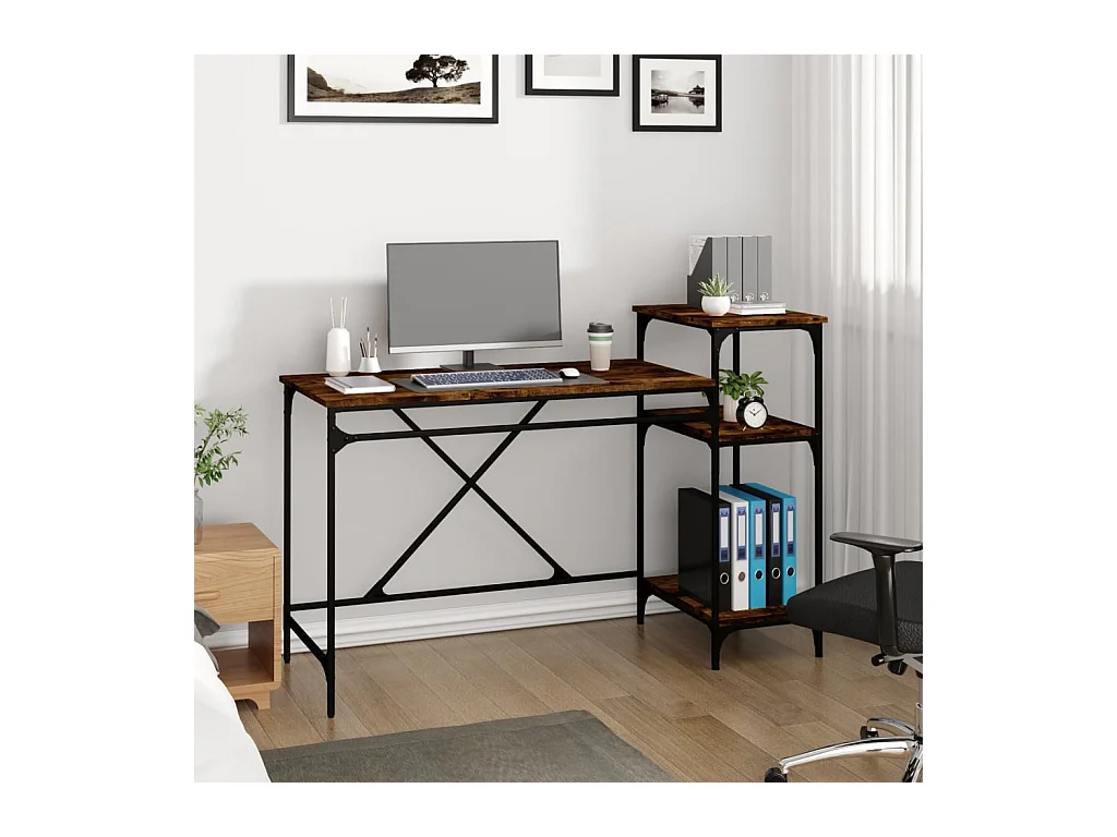 Bureau et étagères chêne fumé 135x50x90cm bois d'ingénierie/fer