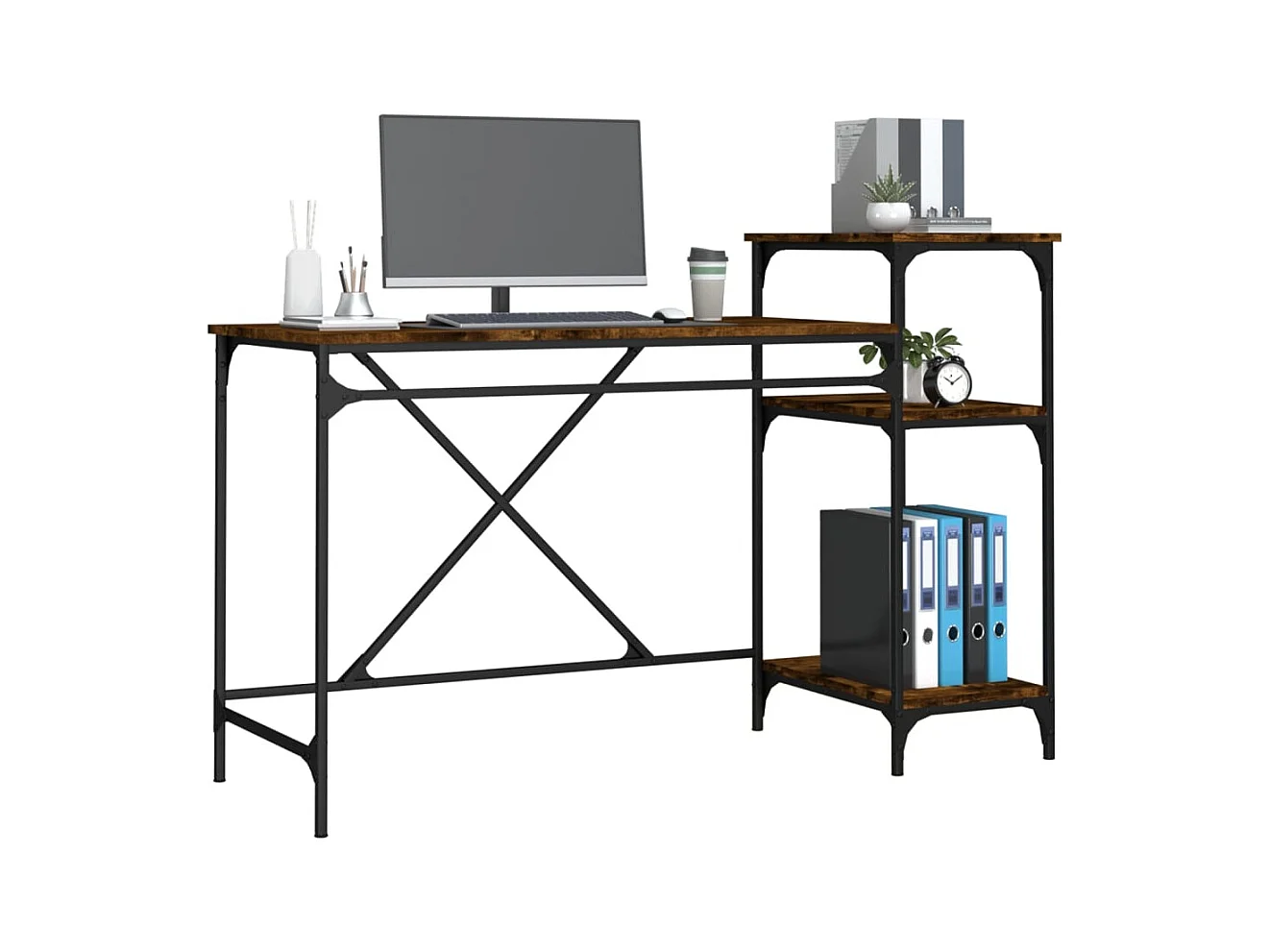 Bureau et étagères chêne fumé 135x50x90cm bois d'ingénierie/fer