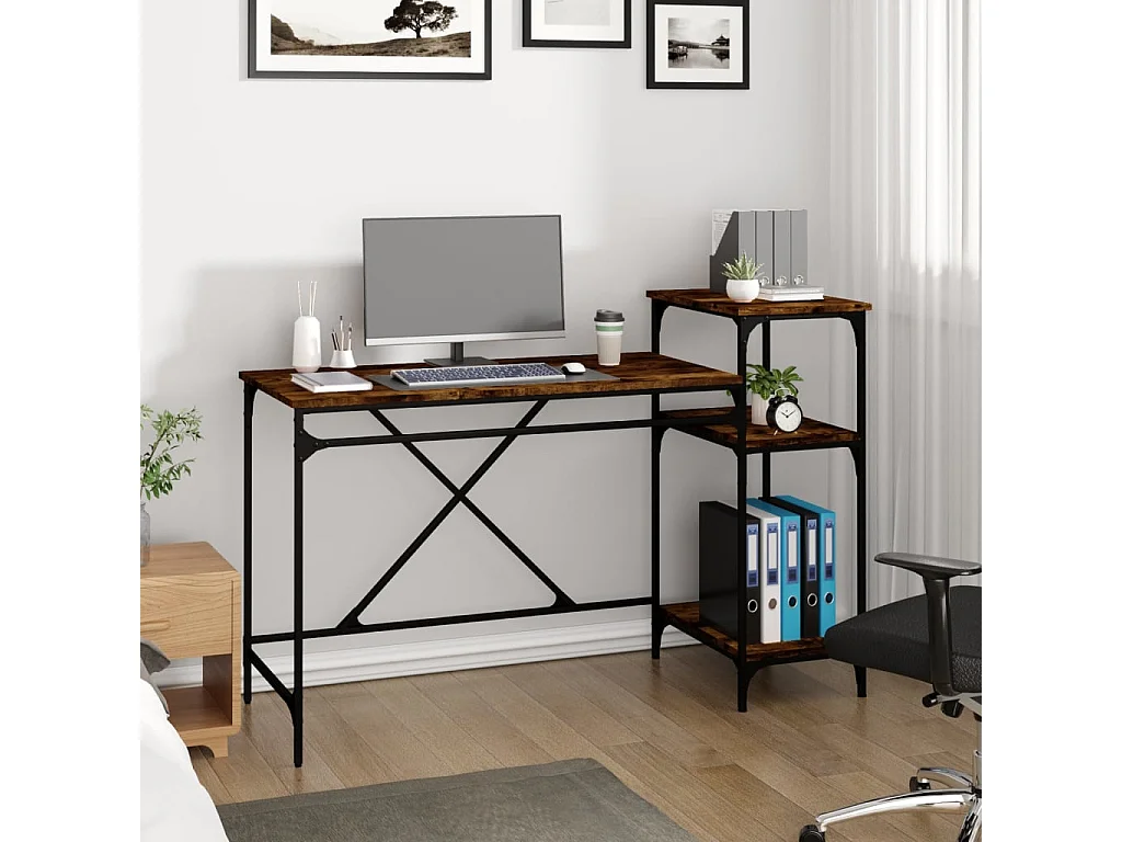 Bureau et étagères chêne fumé 135x50x90cm bois d'ingénierie/fer