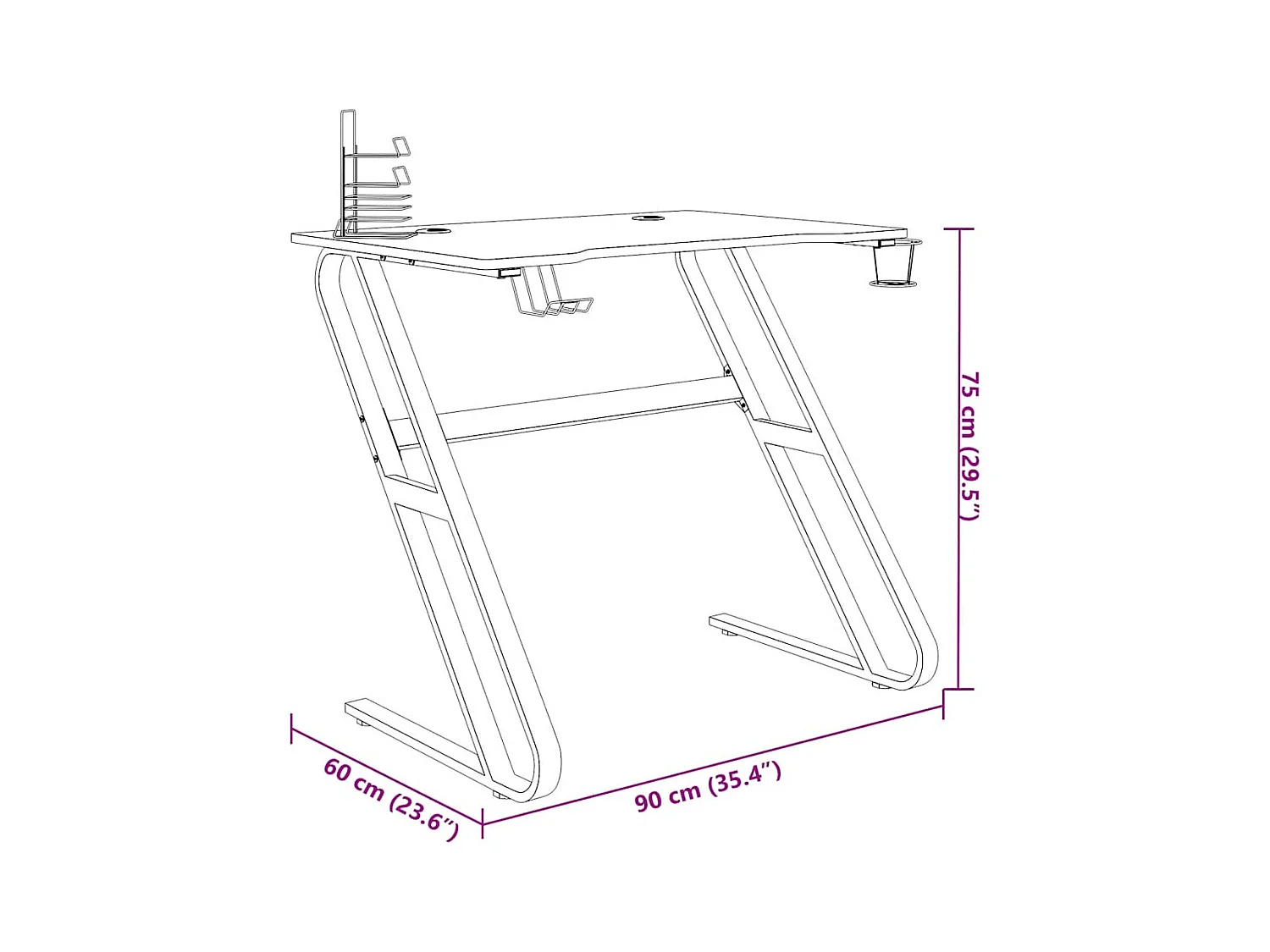 Gamingbureau met ZZ-vormige poten, zwart, 90x60x75 cm