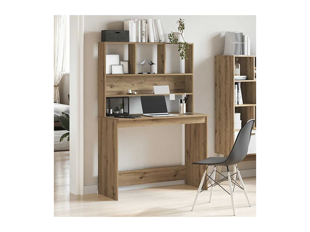 Escritorio con estantes de madera de roble artesanal.