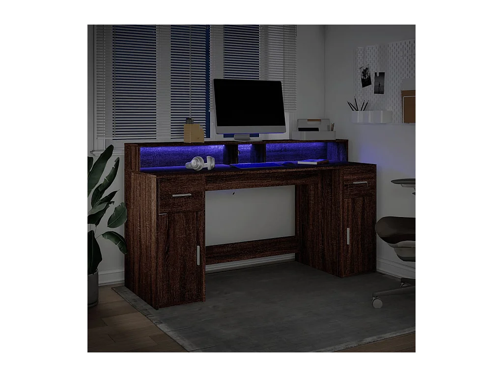 Escritorio y luces LED de madera de ingeniería de roble marrón