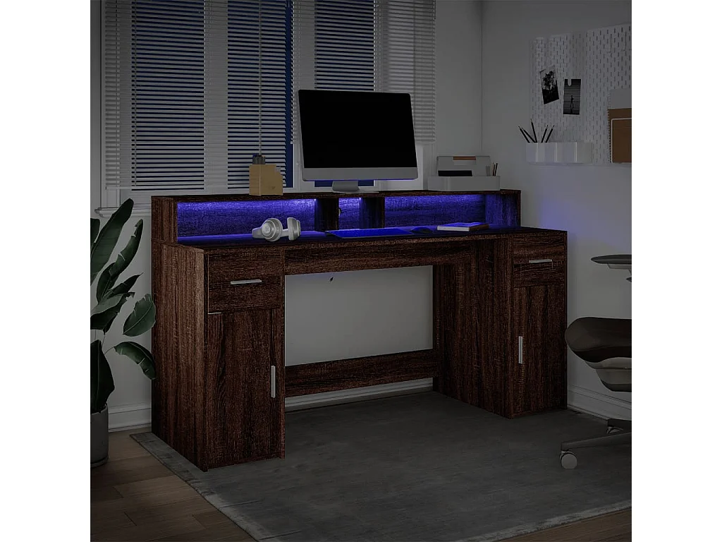 Scrivania e luci a LED in legno ingegnerizzato di rovere marrone