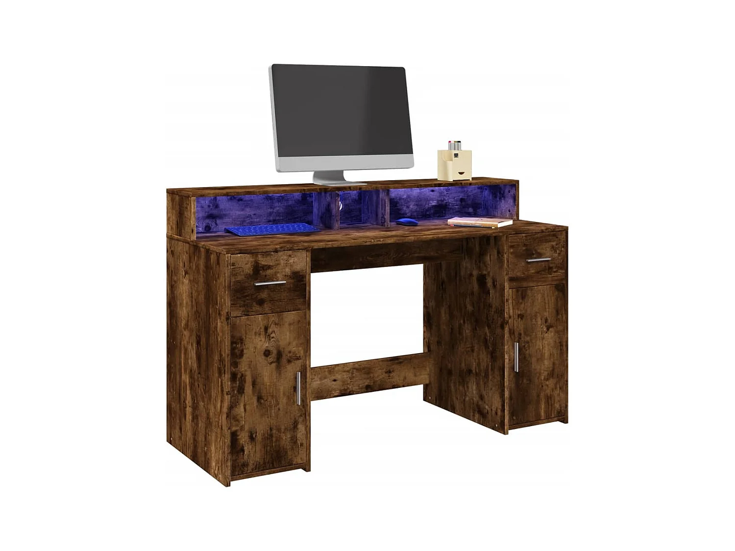Bureau en LED-verlichting gerookt eikenhout 140x55x91cm bewerkt hout