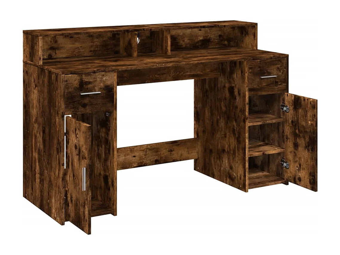 Scrivania e luci LED rovere affumicato 140x55x91cm legno ingegnerizzato