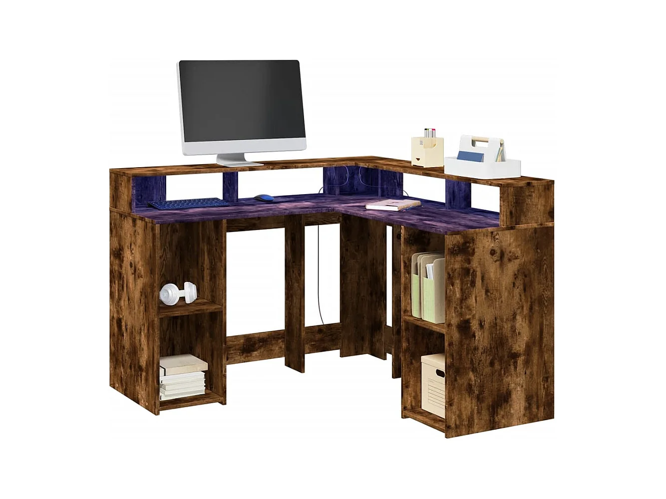 Escritorio y luces LED roble ahumado 130x130x91cm madera de ingeniería