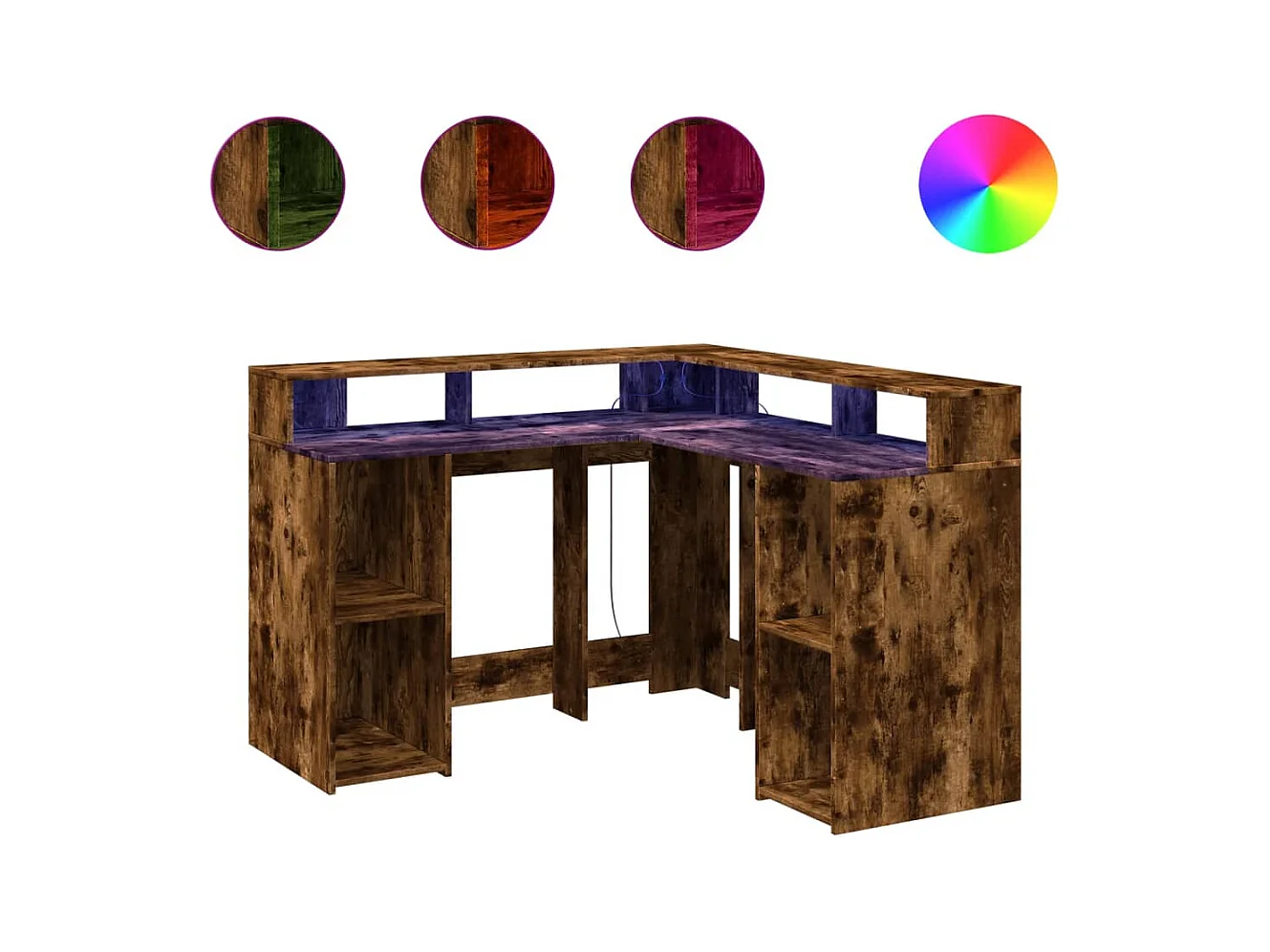 Escritorio y luces LED roble ahumado 130x130x91cm madera de ingeniería