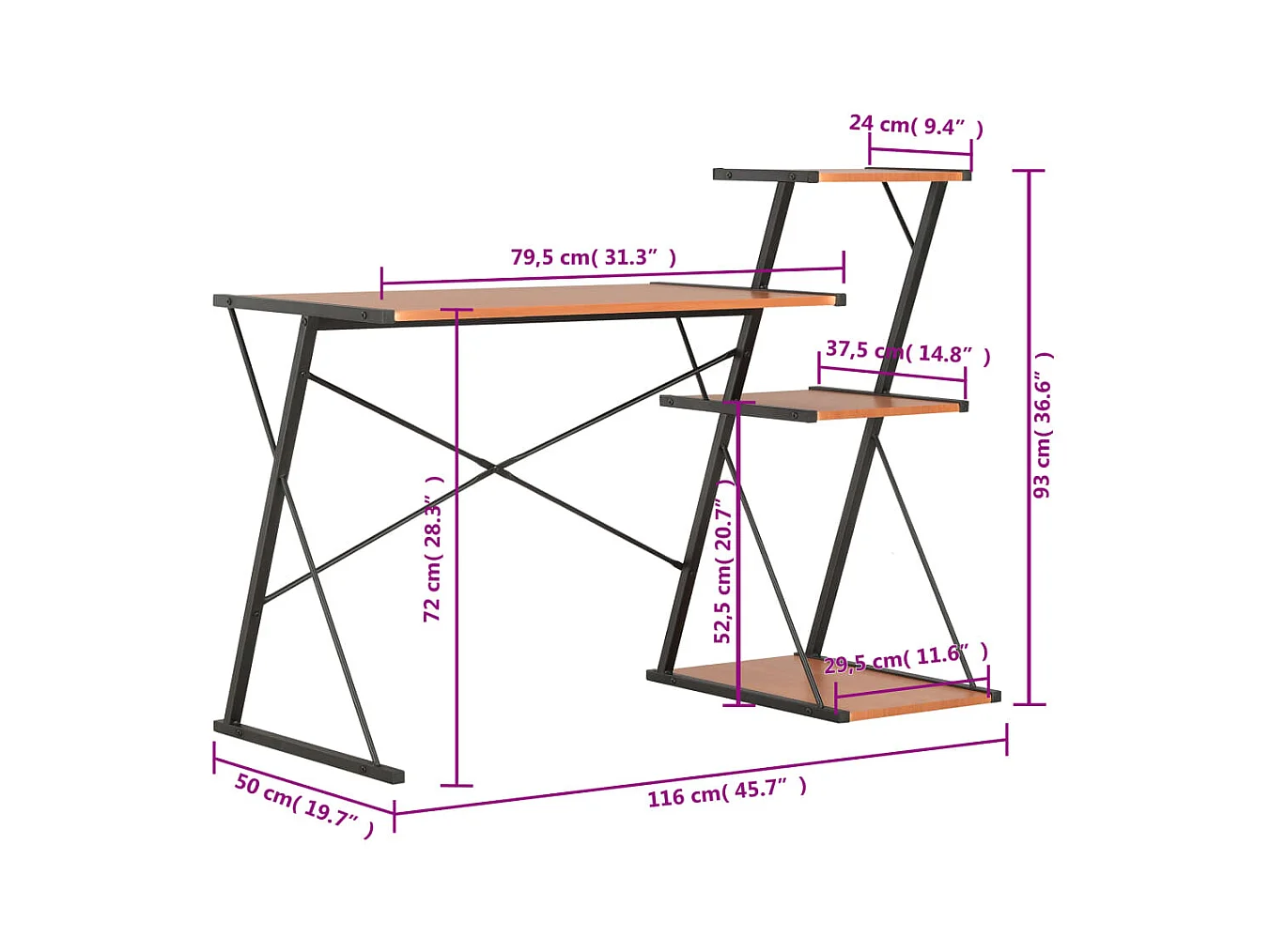 Bureau met plank Zwart en bruin 116x50x93 cm