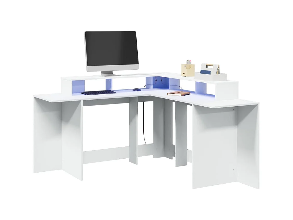 Schreibtisch mit LED-Leuchten weiß 152x152x91 cm Holzwerkstoff