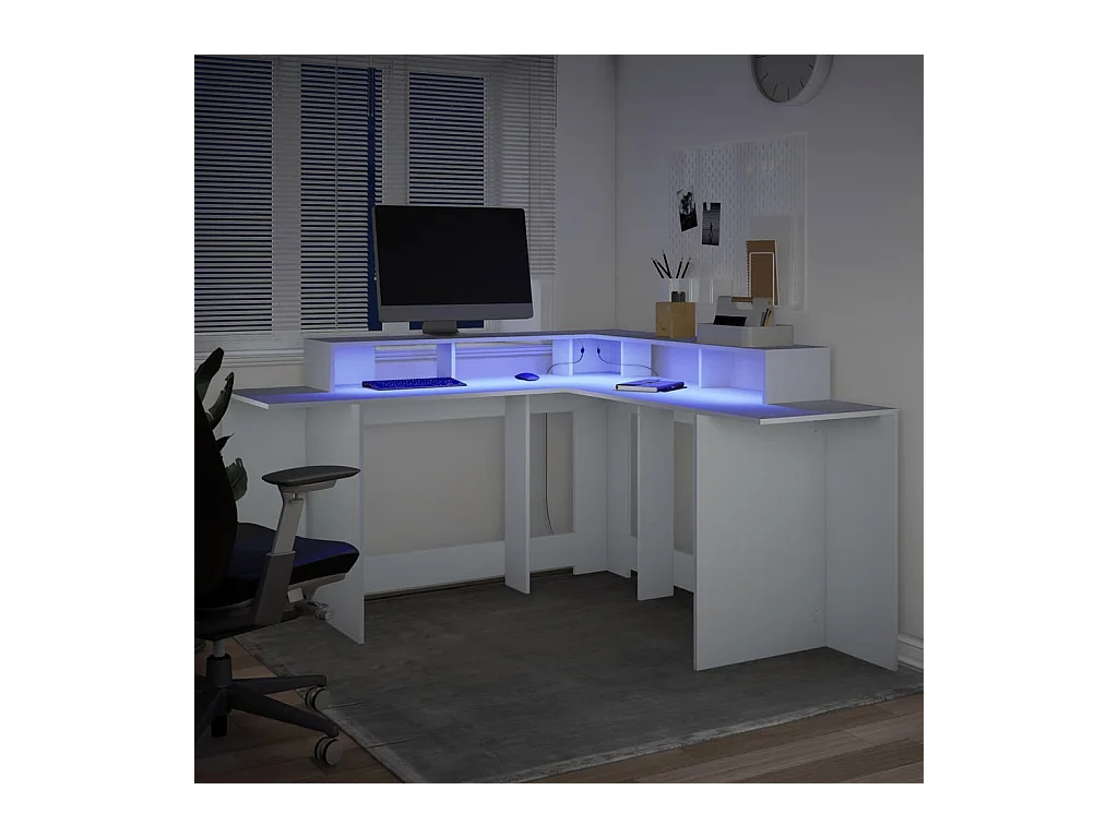 Schreibtisch mit LED-Leuchten weiß 152x152x91 cm Holzwerkstoff