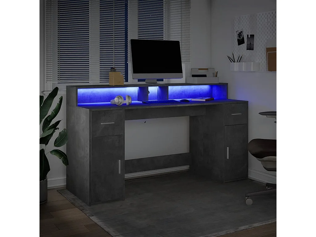 Scrivania grigio cemento e luci LED 160x55x91cm in legno ingegnerizzato