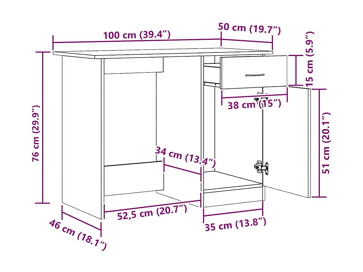 Bureau chêne artisanal 100x50x76 cm bois d'ingénierie