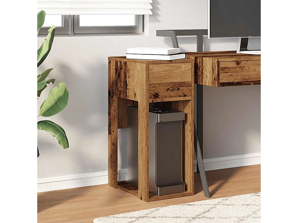 Computertorenstandaard met lade oud hout 30x44x74 cm