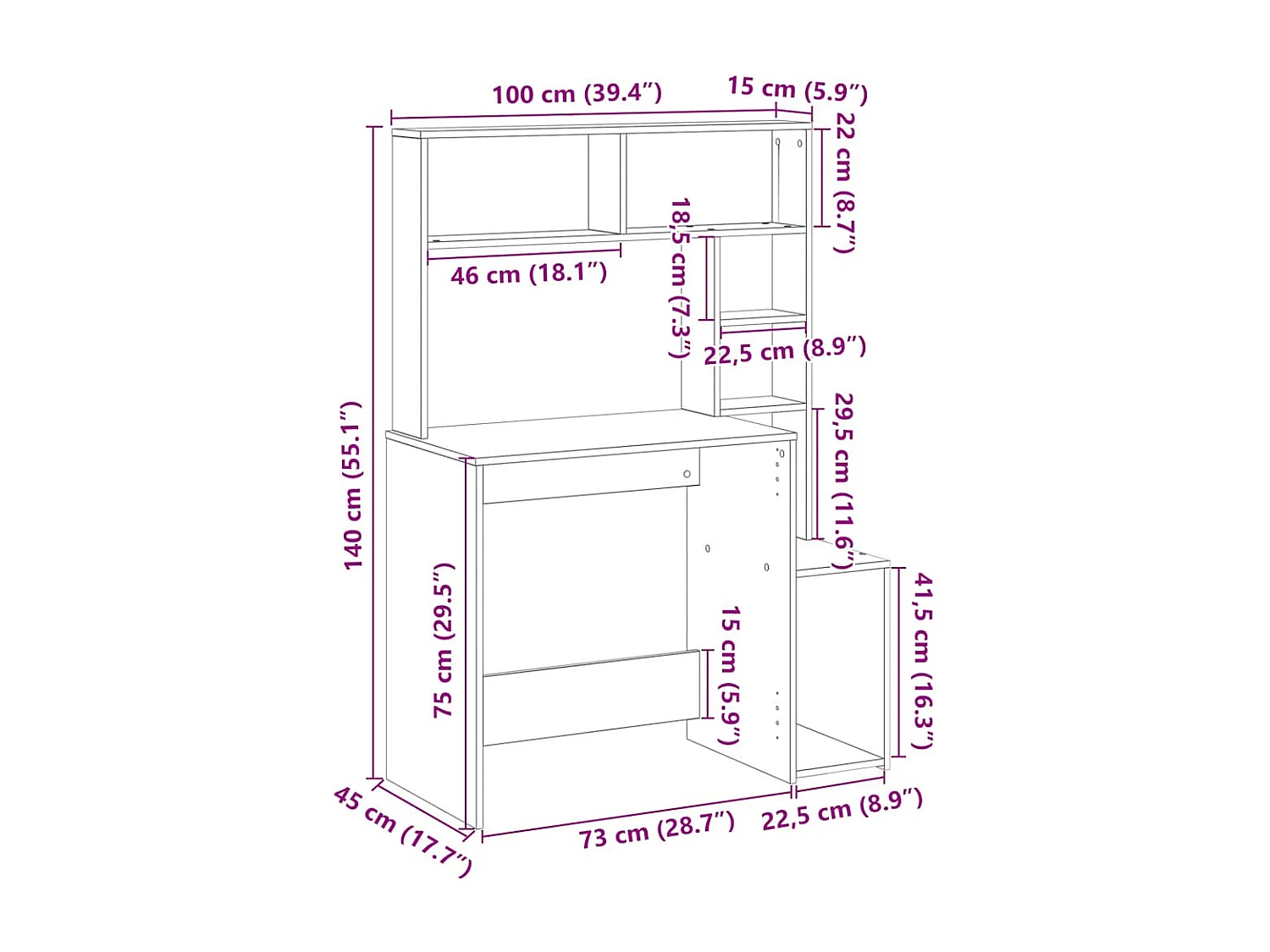 Bureau avec étagères chêne fumé 100x45x140 cm bois d'ingénierie