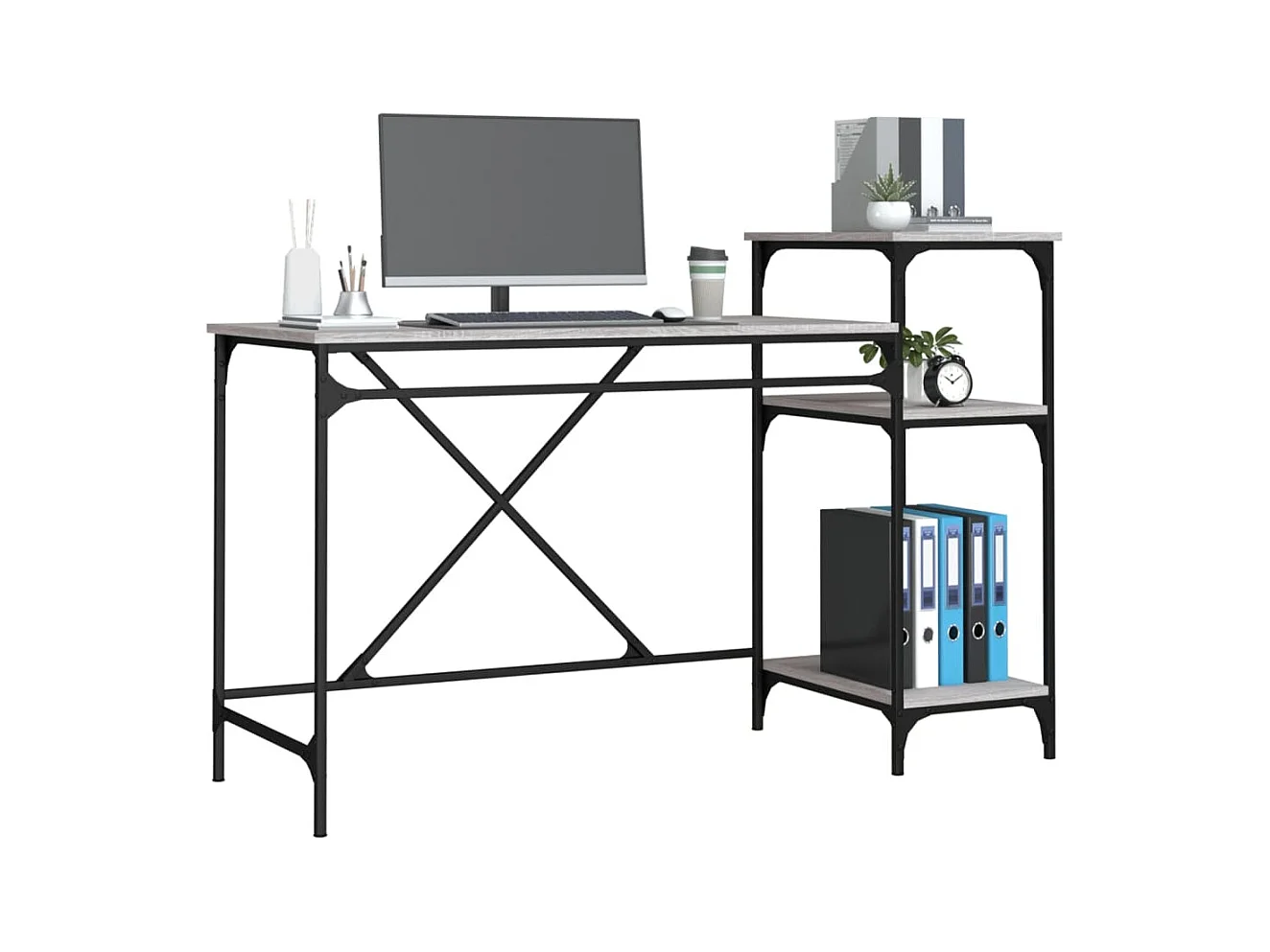Bureau et étagères sonoma gris 135x50x90 cm bois ingénierie/fer