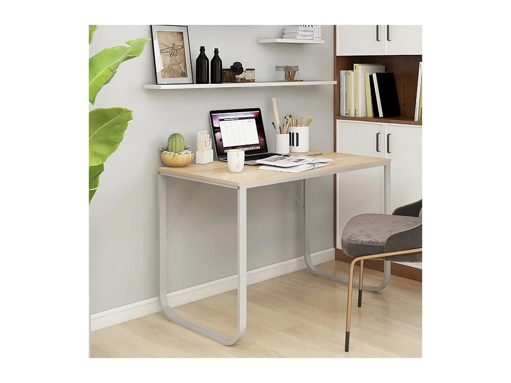Bureau d'ordinateur Blanc et chêne 110x60x73 cm Aggloméré