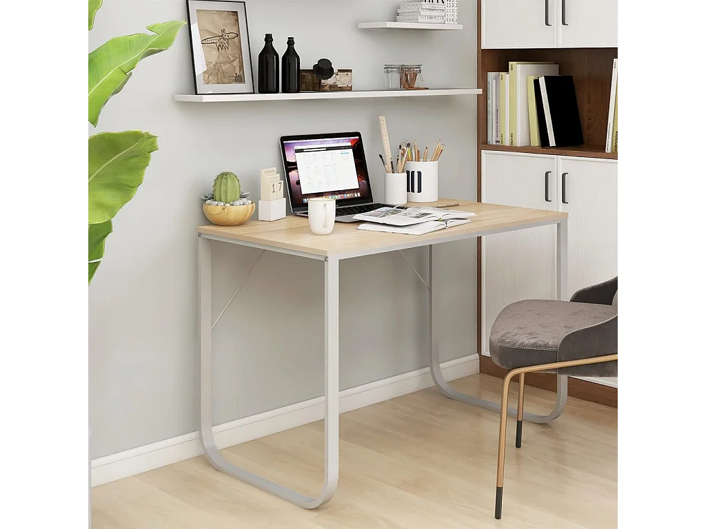 Bureau d'ordinateur Blanc et chêne 110x60x73 cm Aggloméré