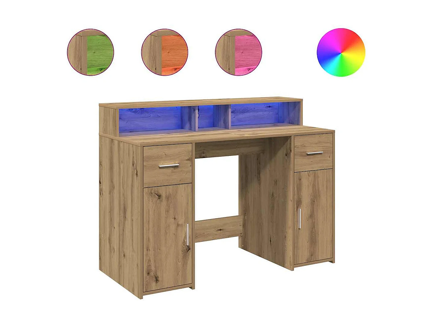 Scrivania con luci a LED realizzata a mano in legno di rovere ingegnerizzato