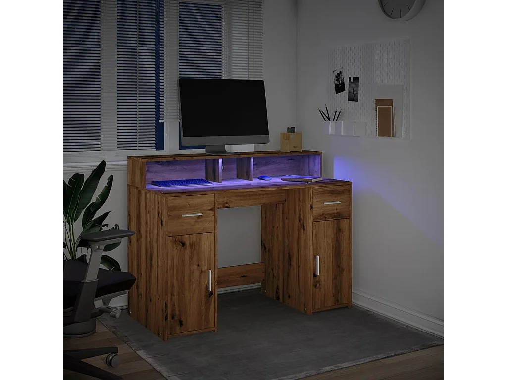 Scrivania con luci a LED realizzata a mano in legno di rovere ingegnerizzato