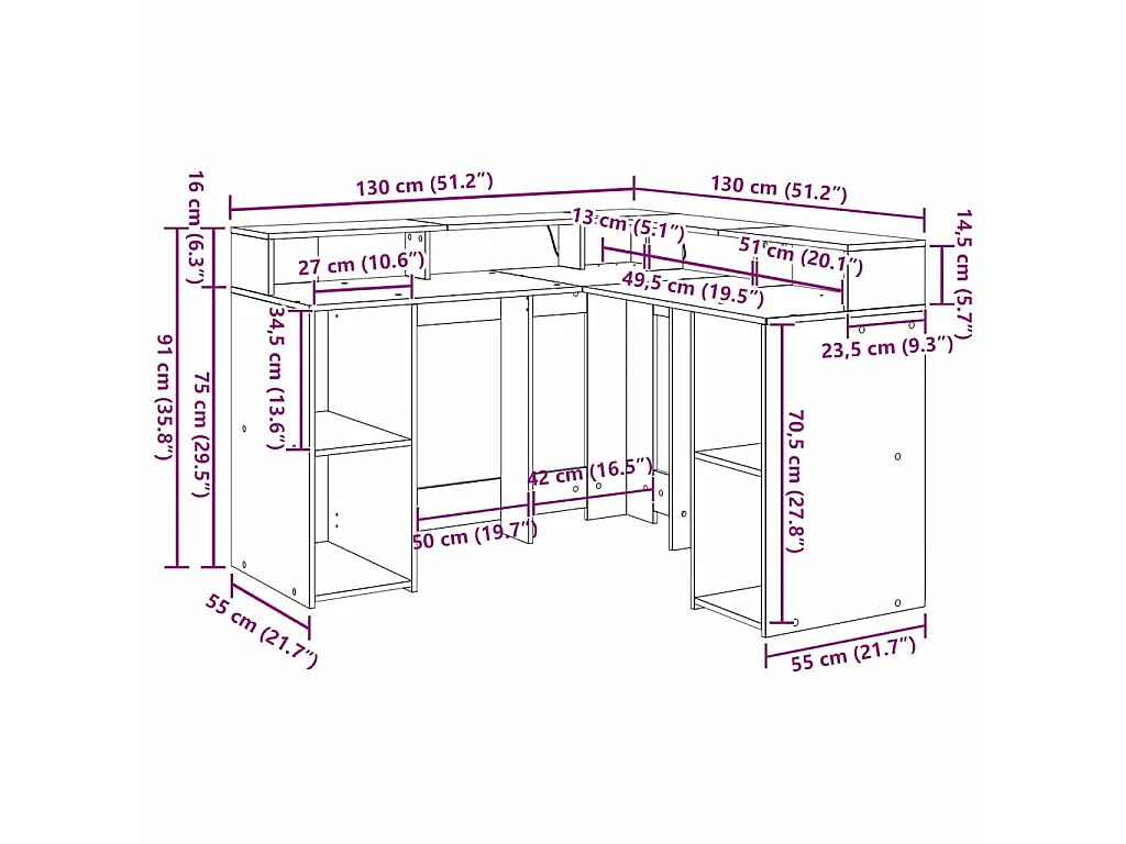 Schreibtisch aus schwarzer Eiche, 130 x 130 x 91 cm, Holzwerkstoff