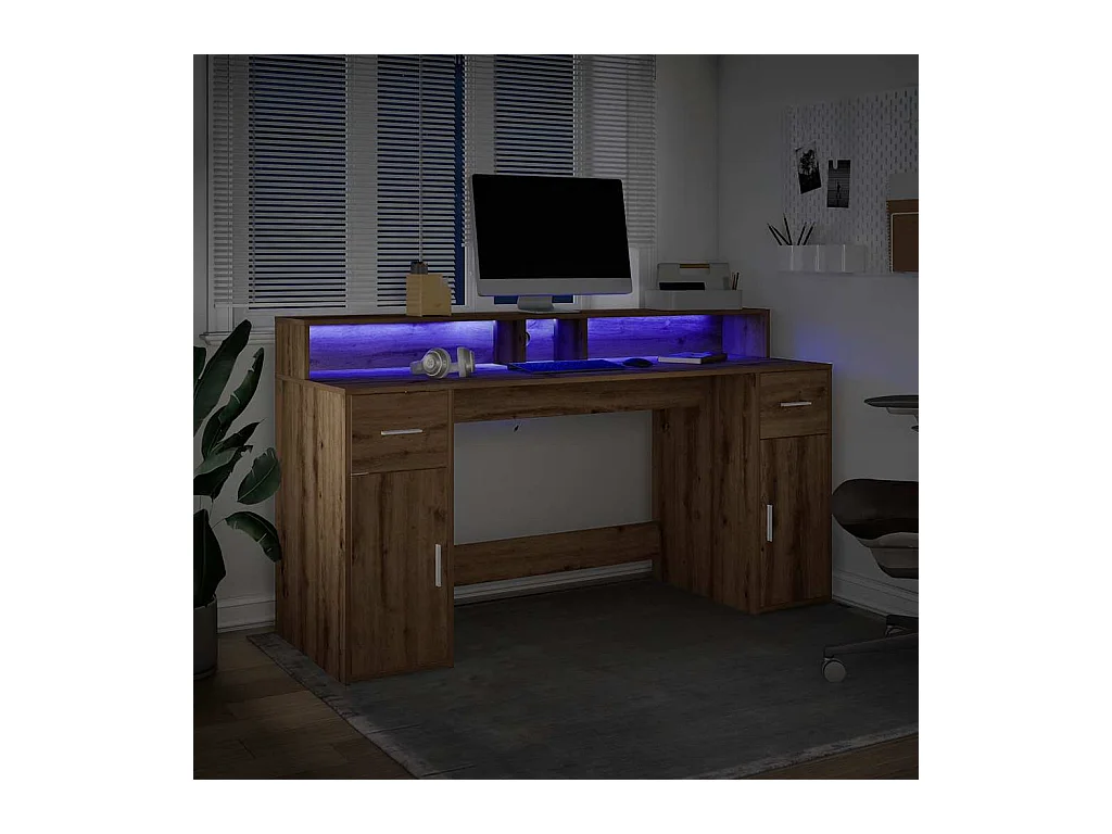 Escritorio con luces LED fabricado artesanalmente en madera de roble.