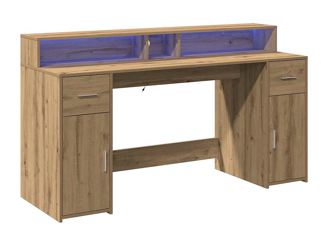 Scrivania con luci a LED realizzata a mano in legno di rovere ingegnerizzato