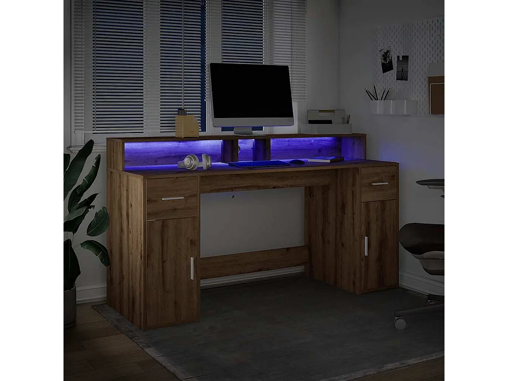 Scrivania con luci a LED realizzata a mano in legno di rovere ingegnerizzato
