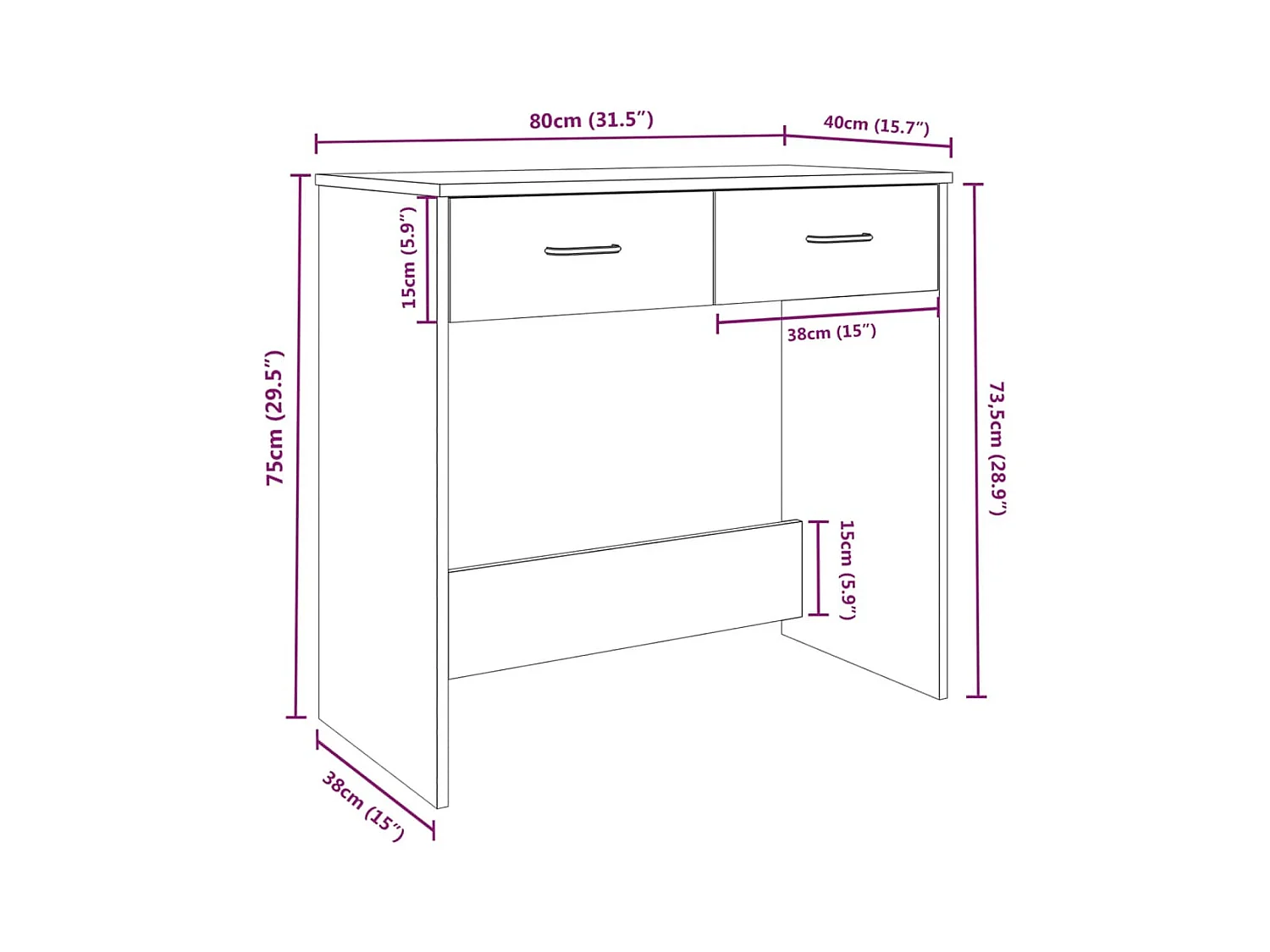 Bruin eiken bureau 80x40x75 cm bewerkt hout