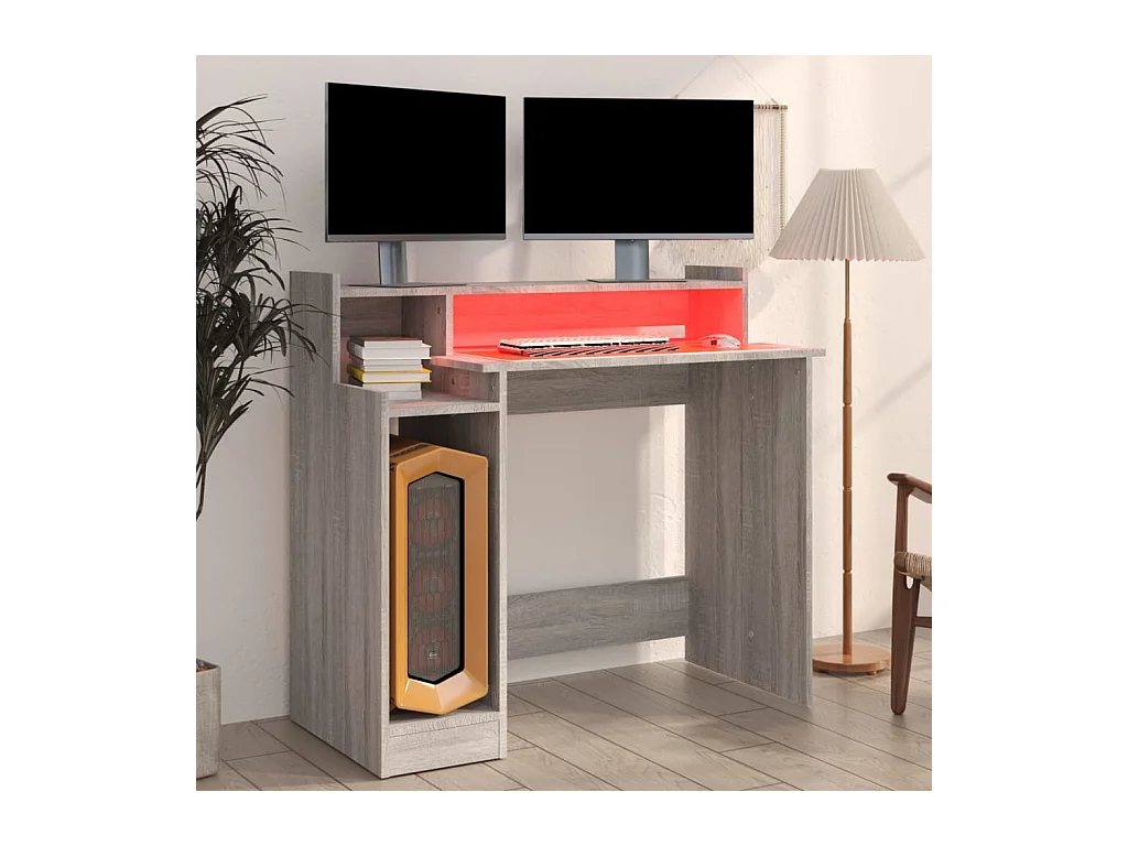 Escritorio Sonoma gris con luces LED, 97 x 45 x 90 cm, madera de ingeniería