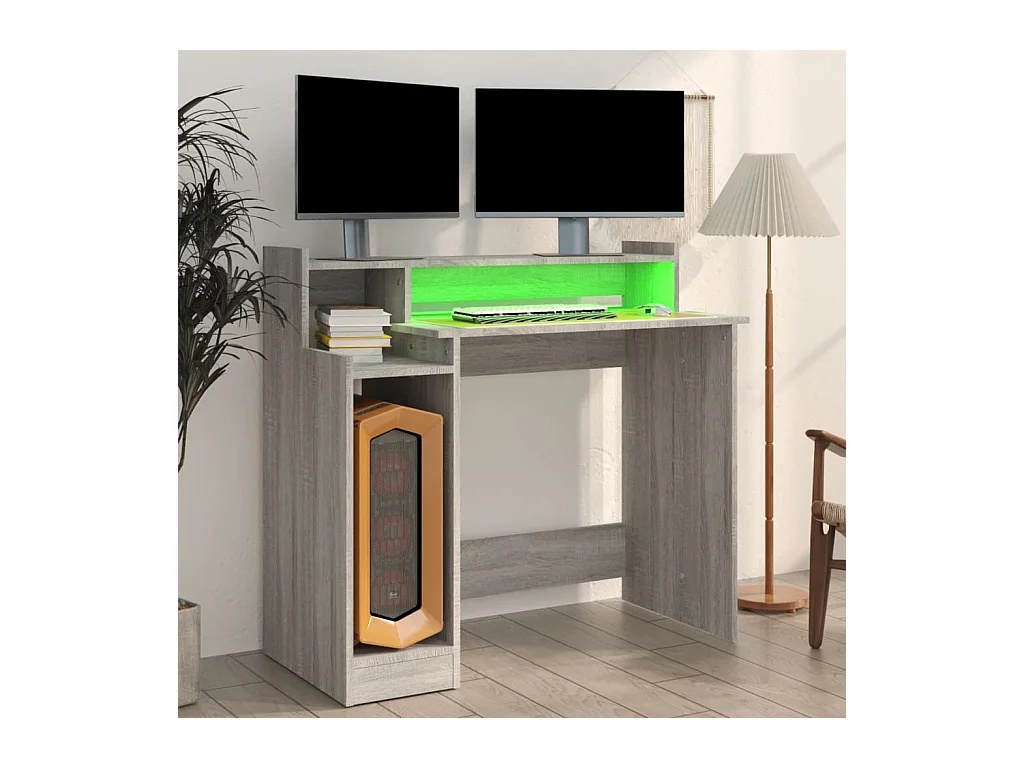 Escritorio Sonoma gris con luces LED, 97 x 45 x 90 cm, madera de ingeniería