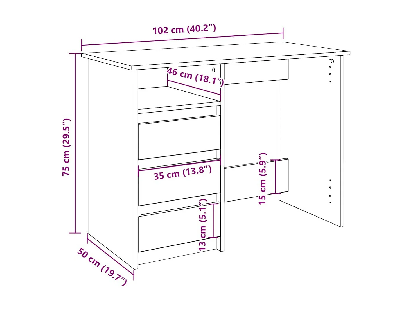 Bureau chêne fumé 102x50x75 cm bois d'ingénierie