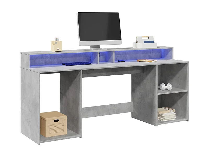 Scrivania grigio cemento e luci LED 200x55x91cm in legno ingegnerizzato