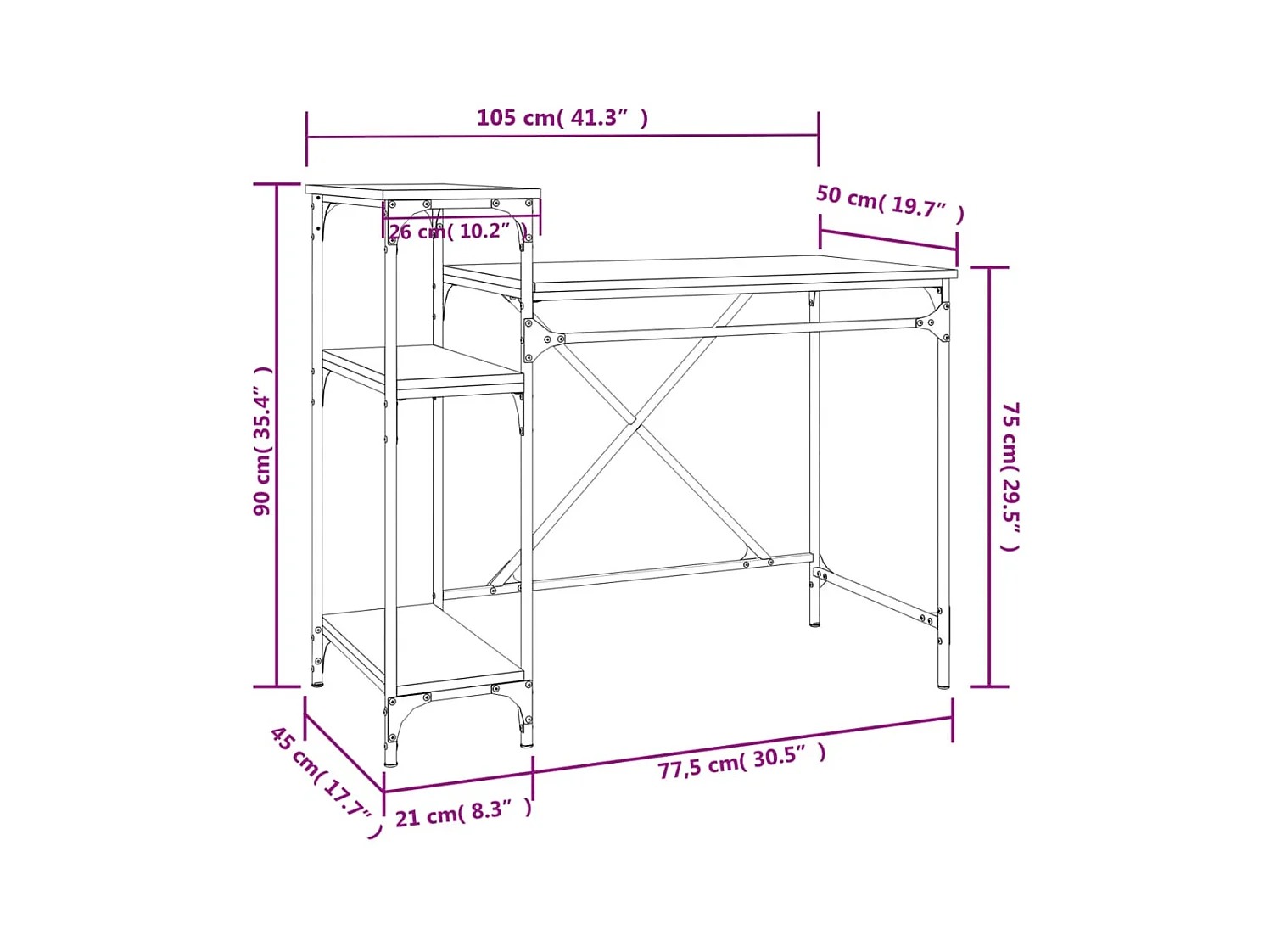 Bureau avec étagères chêne 105x50x90 cmbois d'ingénierie et fer