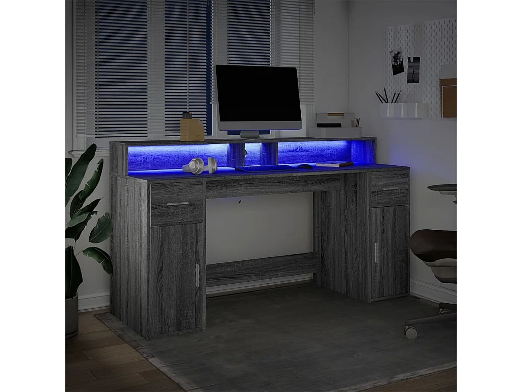 Scrivania Sonoma Grey e luci LED 160x55x91 cm in legno ingegnerizzato