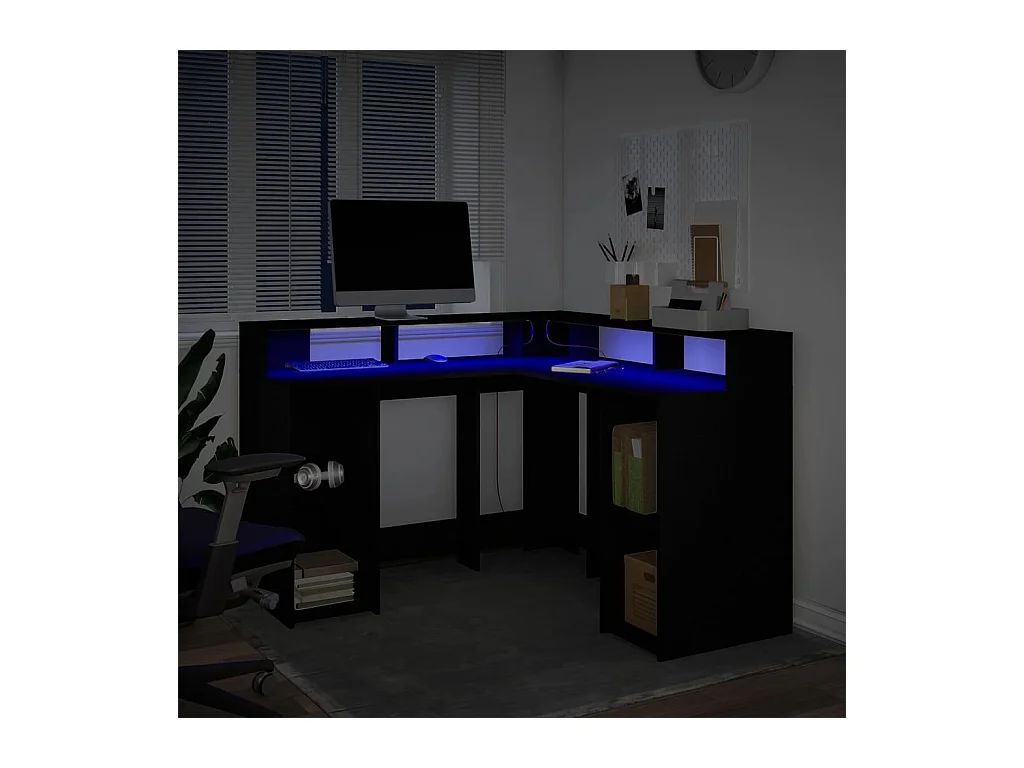 Schreibtisch mit LED-Leuchten schwarz 130x130x91 cm Holzwerkstoff