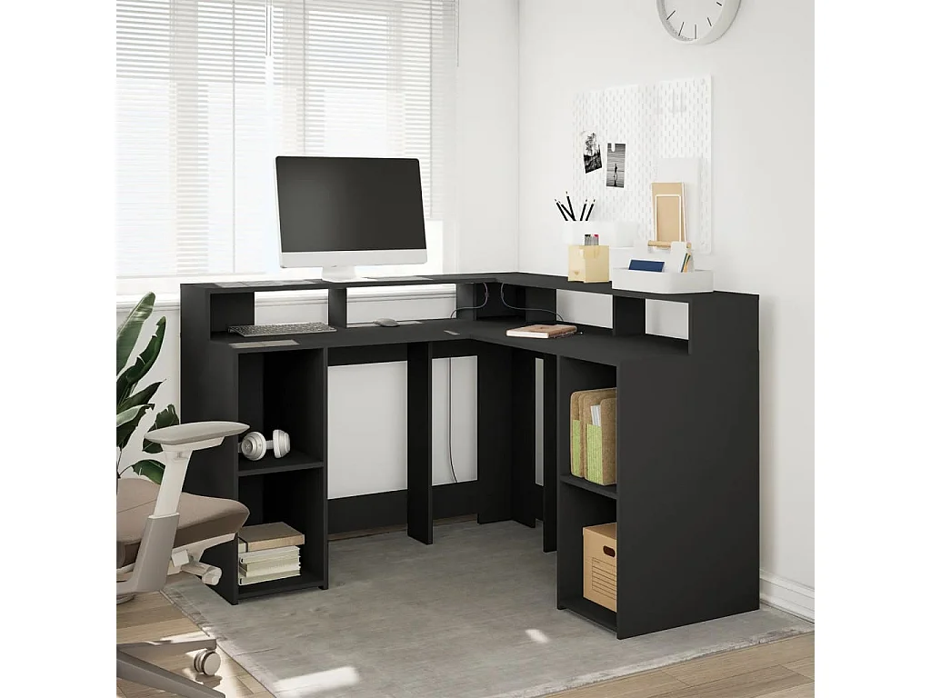 Scrivania con luci LED nera 130x130x91 cm in legno ingegnerizzato