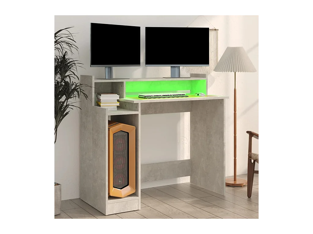 Escritorio y lámparas LED Gris hormigón 97x45x90 cm Madera de ingeniería